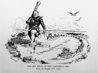 Illustration shows a man representing President Theodore Roosevelt walking through the Caribbean Sea and carrying a large stick or bat. He is leading by rope a string of ships amongst the Caribbean islands.